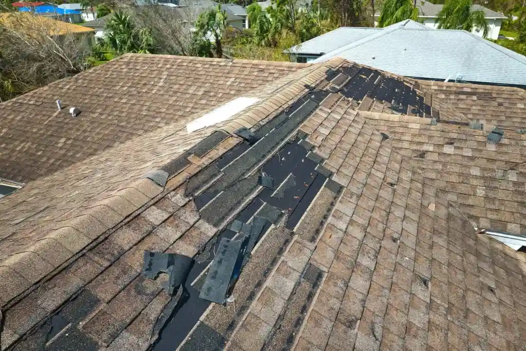 A house roof with significant shingle damage exposing black underlayment, likely caused by strong wind or storm, highlights the urgent need for roof repair. Nearby roofs and trees are visible in the background.